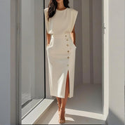 Charlotte Bellamy | Elegant Button Detail Midi Dress For Women