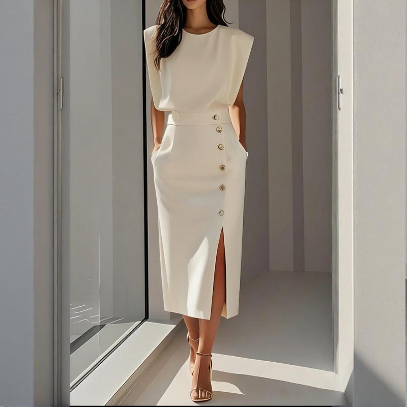 Charlotte Bellamy | Elegant Button Detail Midi Dress For Women