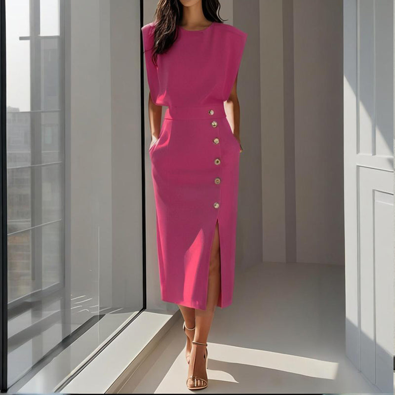 Charlotte Bellamy | Elegant Button Detail Midi Dress For Women