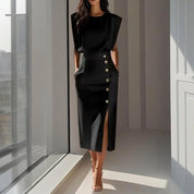 Charlotte Bellamy | Elegant Button Detail Midi Dress For Women