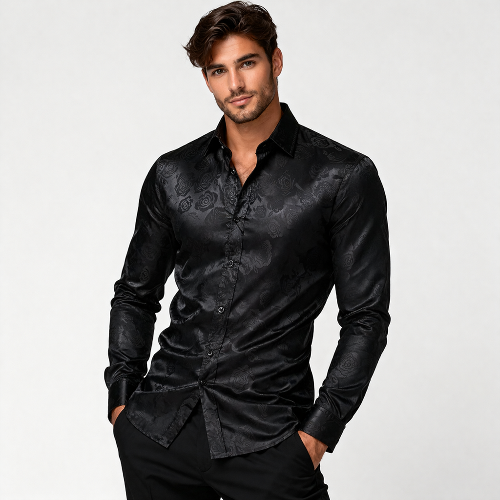 Damien Laurent | Black Satin Jacquard Slim Fit Shirt for Men
