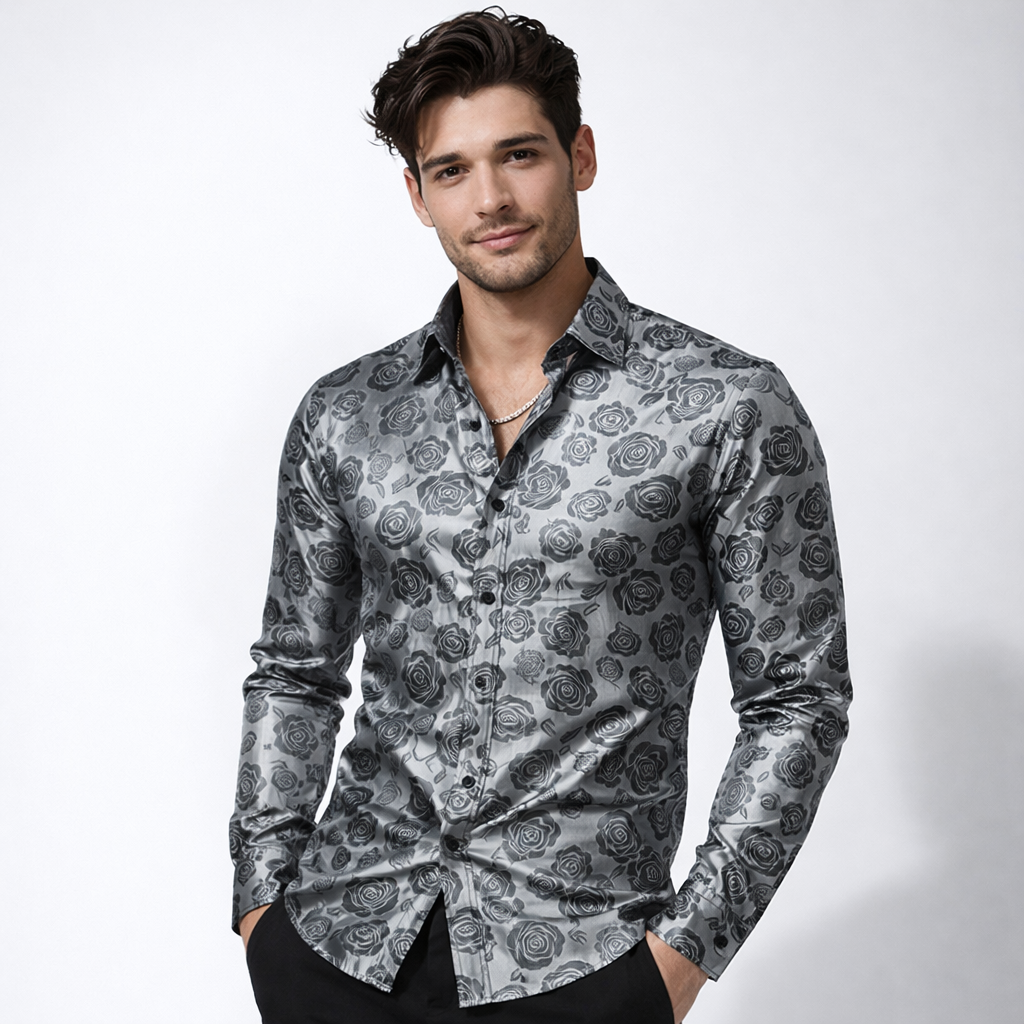 Damien Laurent | Black Satin Jacquard Slim Fit Shirt for Men