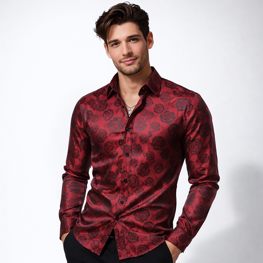 Damien Laurent | Black Satin Jacquard Slim Fit Shirt for Men