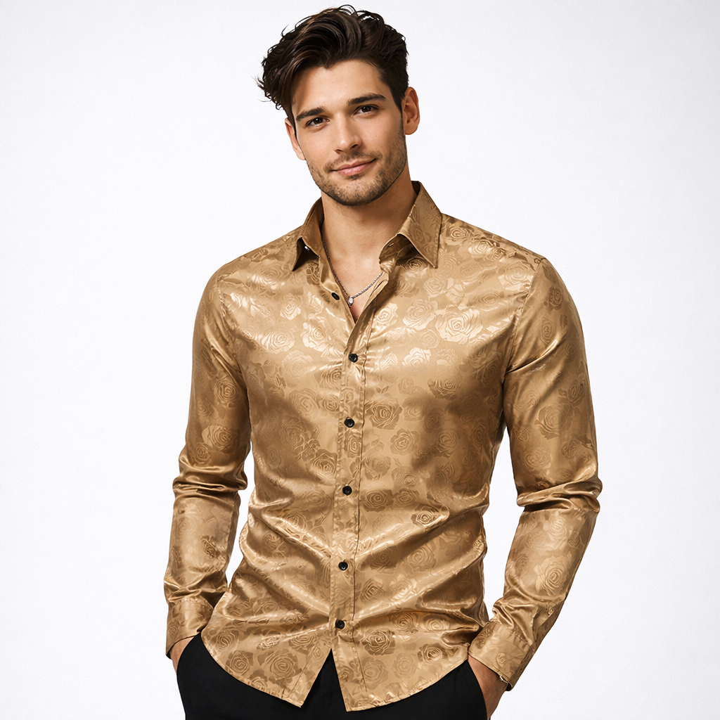 Damien Laurent | Black Satin Jacquard Slim Fit Shirt for Men