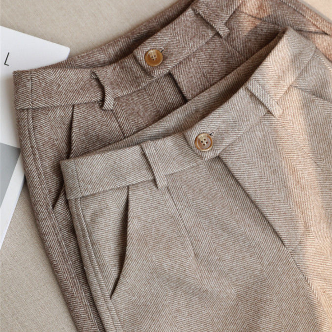Vivienne Caldwell | High-Waist Herringbone Wool Trousers in Beige