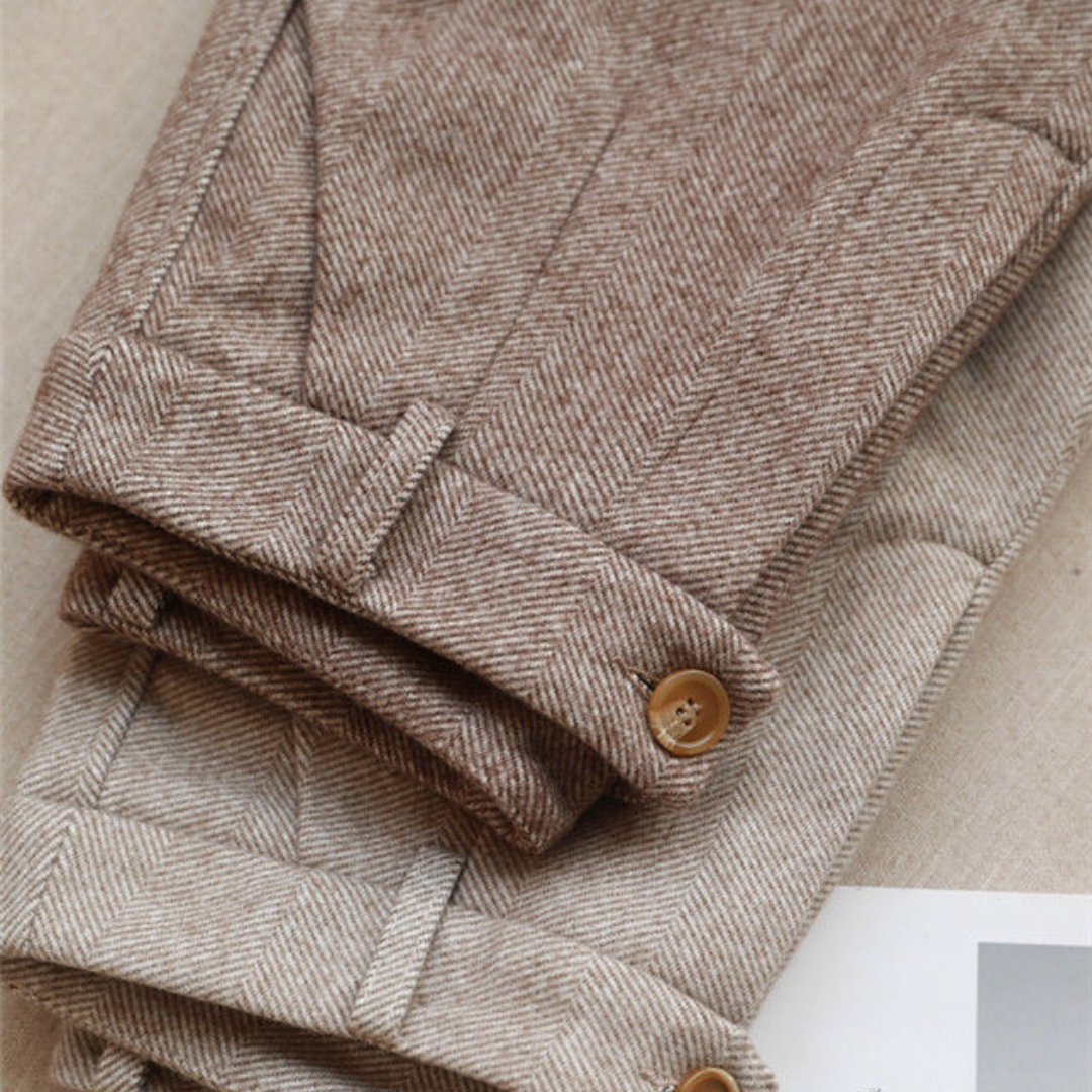 Vivienne Caldwell | High-Waist Herringbone Wool Trousers in Beige