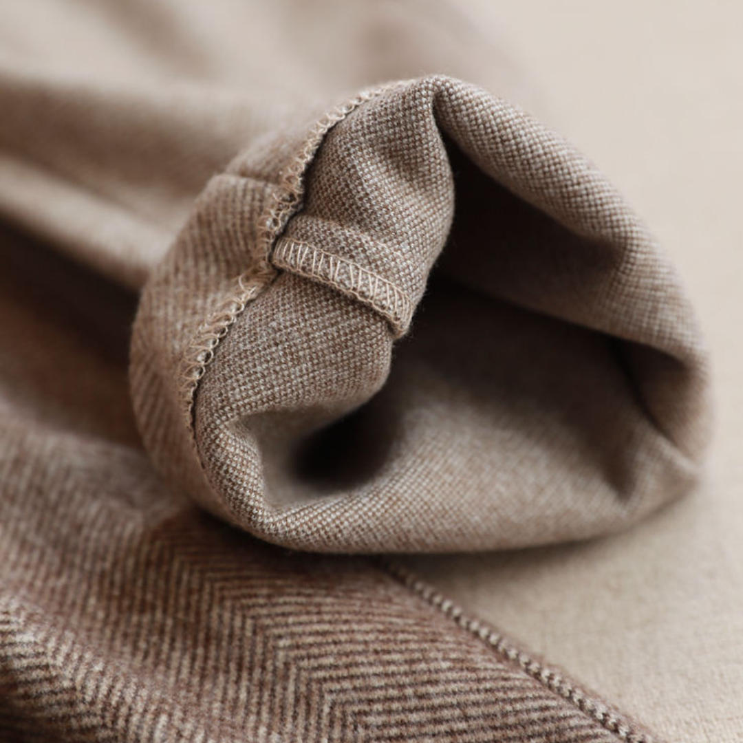 Vivienne Caldwell | High-Waist Herringbone Wool Trousers in Beige