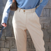 Vivienne Caldwell | High-Waist Herringbone Wool Trousers in Beige