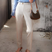 Vivienne Caldwell | High-Waist Herringbone Wool Trousers in Beige