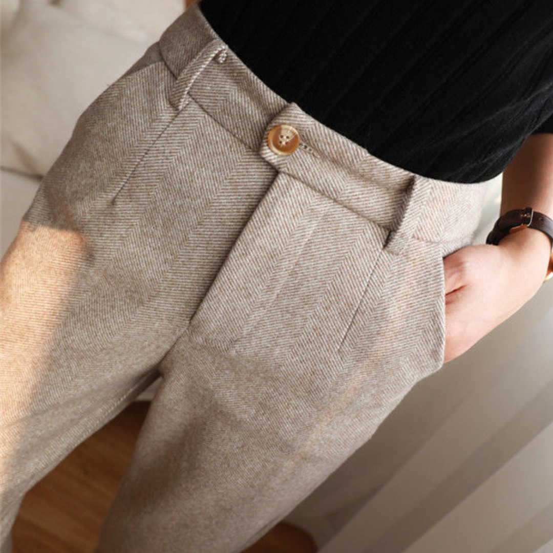 Vivienne Caldwell | High-Waist Herringbone Wool Trousers in Beige