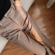 Vivienne Caldwell | High-Waist Herringbone Wool Trousers in Beige