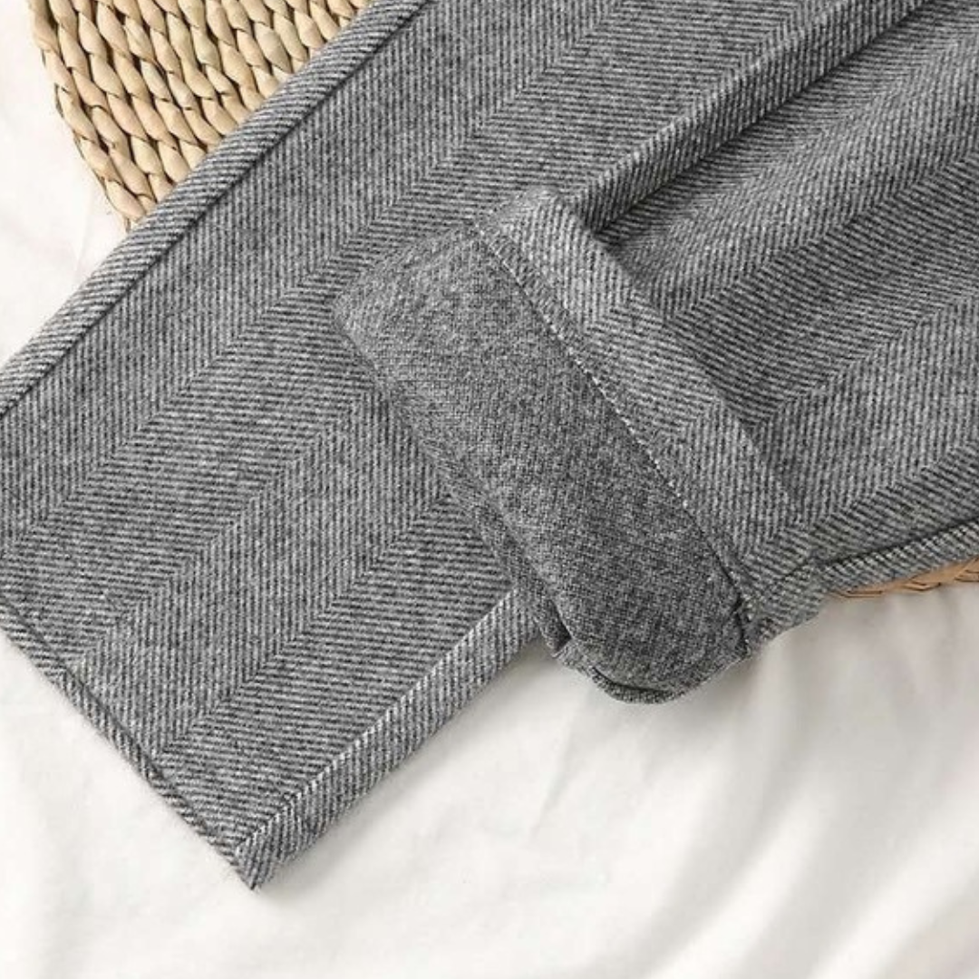 Vivienne Caldwell | High-Waist Herringbone Wool Trousers in Beige