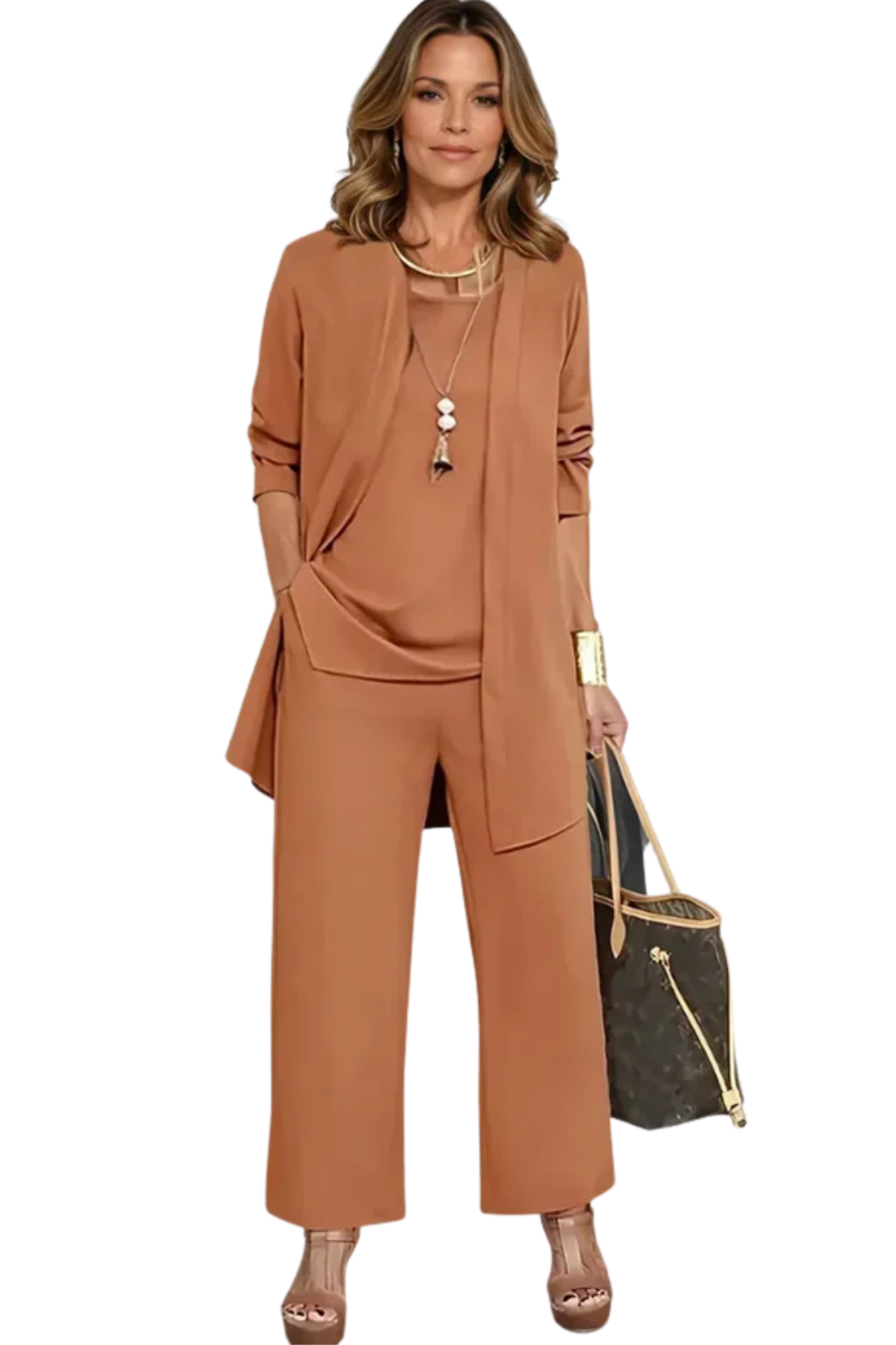 Aurelie Fontaine | Camel Three-Piece Wide-Leg Lounge Set for Women