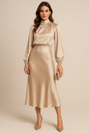 Vivienne Sainclair | Champagne Satin Midi Dress with High Neck