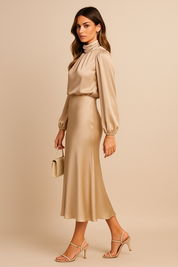 Vivienne Sainclair | Champagne Satin Midi Dress with High Neck