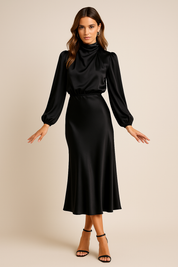 Vivienne Sainclair | Champagne Satin Midi Dress with High Neck