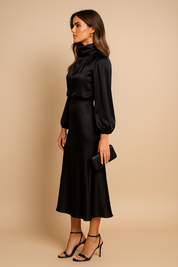 Vivienne Sainclair | Champagne Satin Midi Dress with High Neck
