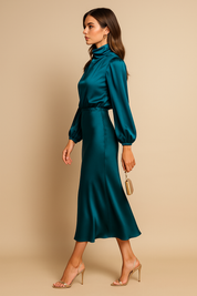 Vivienne Sainclair | Champagne Satin Midi Dress with High Neck