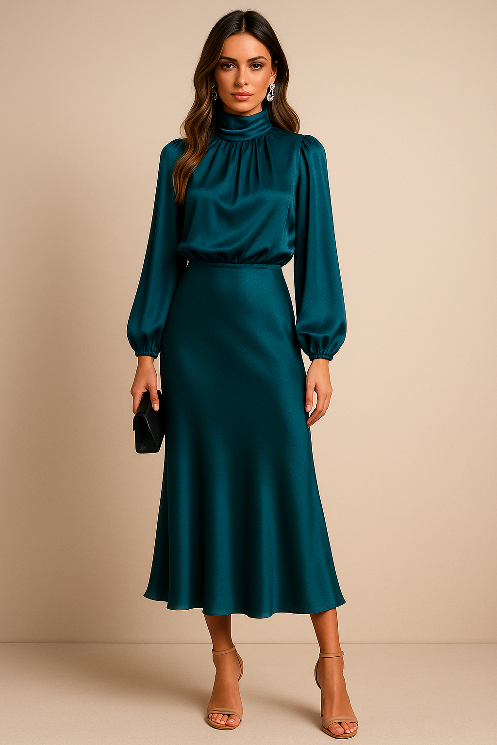 Vivienne Sainclair | Champagne Satin Midi Dress with High Neck