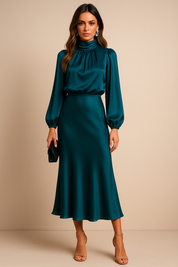 Vivienne Sainclair | Champagne Satin Midi Dress with High Neck