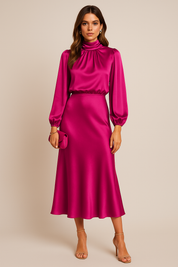 Vivienne Sainclair | Champagne Satin Midi Dress with High Neck