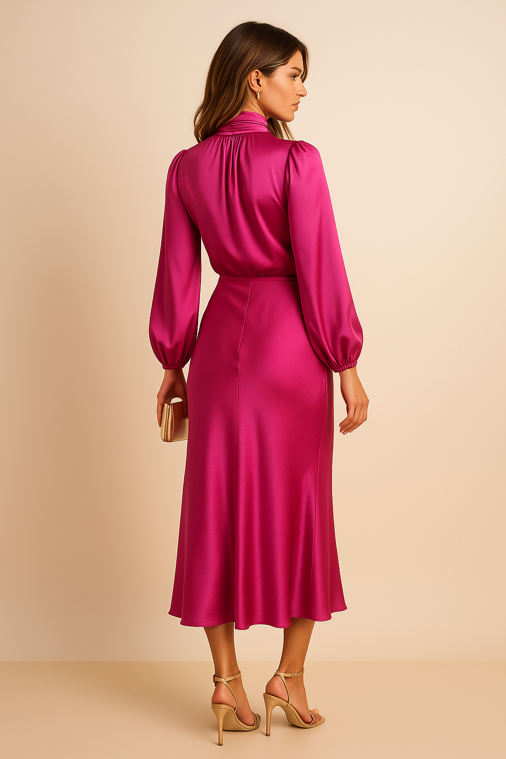 Vivienne Sainclair | Champagne Satin Midi Dress with High Neck