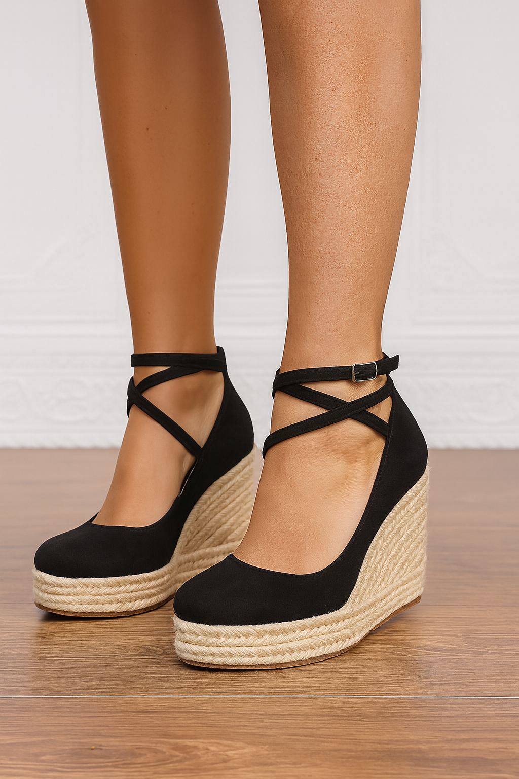 Vivienne Alcott | Black Espadrille Wedge Heels with Ankle Strap