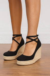 Vivienne Alcott | Black Espadrille Wedge Heels with Ankle Strap