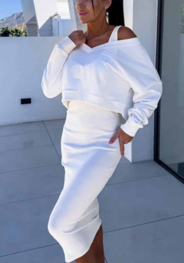 Adrienne Soleil | Beige Cropped Sweatshirt & Maxi Skirt Matching Set