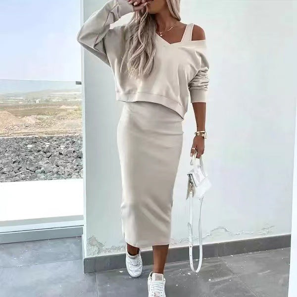 Adrienne Soleil | Beige Cropped Sweatshirt & Maxi Skirt Matching Set