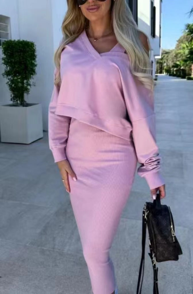 Adrienne Soleil | Beige Cropped Sweatshirt & Maxi Skirt Matching Set