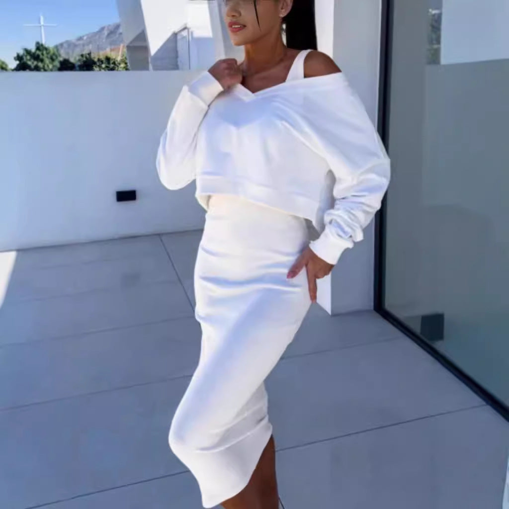 Adrienne Soleil | Beige Cropped Sweatshirt & Maxi Skirt Matching Set