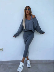 Adrienne Soleil | Beige Cropped Sweatshirt & Maxi Skirt Matching Set