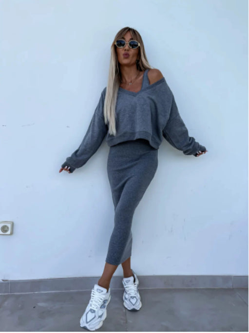 Adrienne Soleil | Beige Cropped Sweatshirt & Maxi Skirt Matching Set