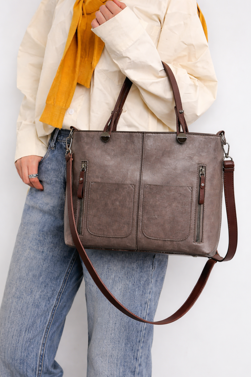 Elena Whitmore | Vintage Brown PU Leather Tote Bag