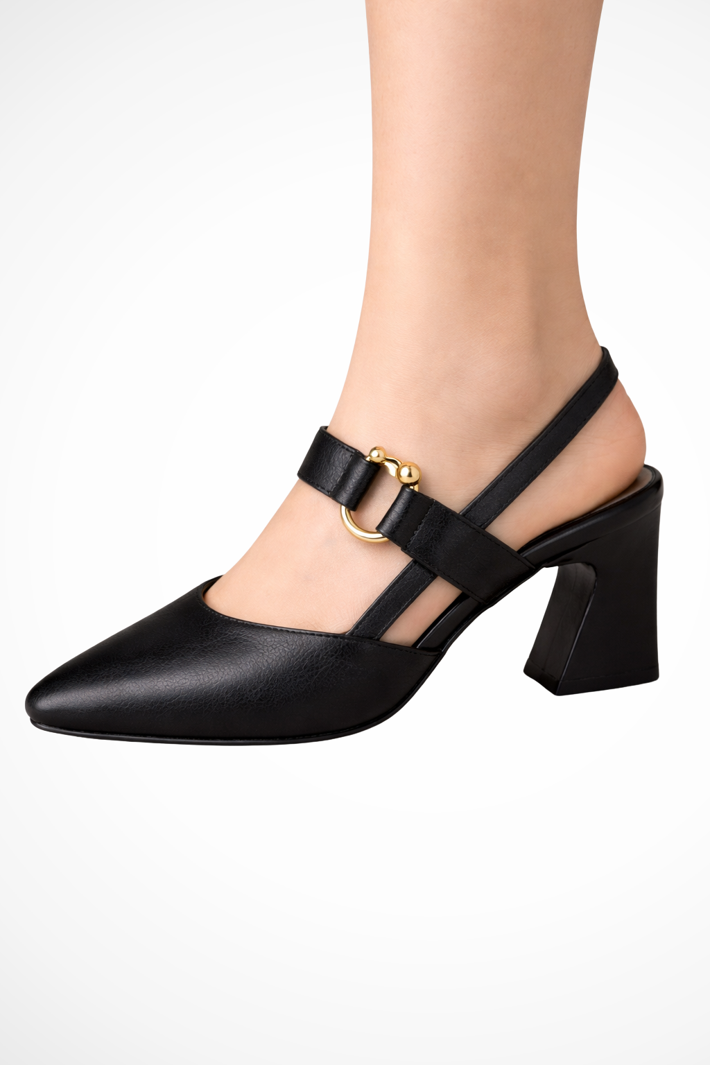 Beatrice Solaine | Black Pointed-Toe Slingback Block Heel