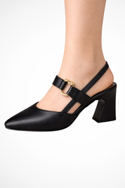 Beatrice Solaine | Black Pointed-Toe Slingback Block Heel