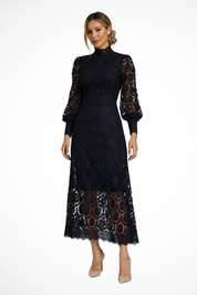 Geneviève Vidal | Lace High Neck Wedding Guest Midi Dress For Women