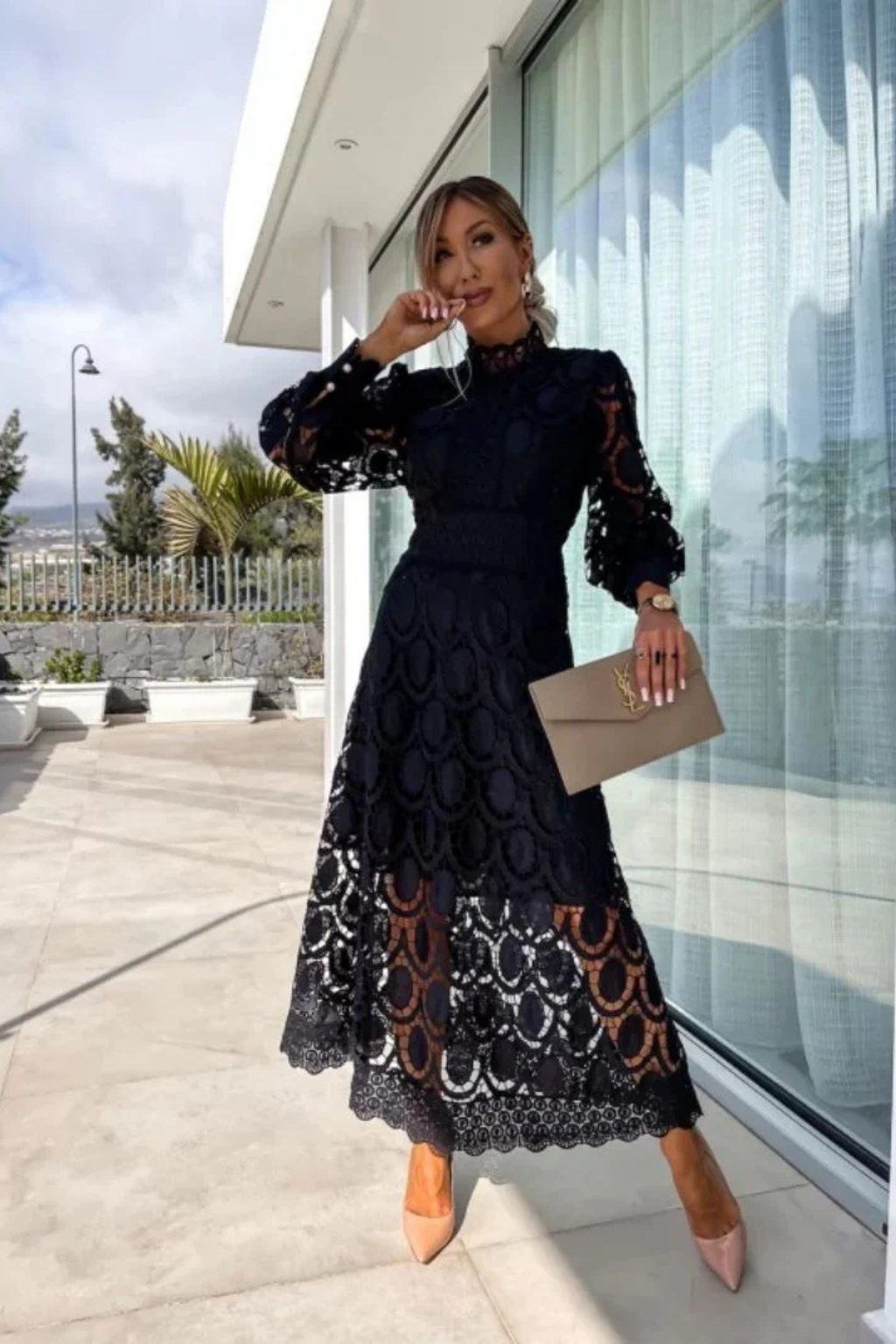 Geneviève Vidal | Lace High Neck Wedding Guest Midi Dress For Women
