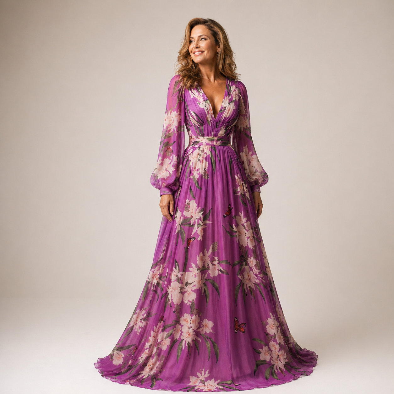 Cosima Lavelle | Purple Floral Chiffon Maxi Dress with Long Sleeves
