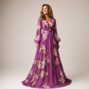 Cosima Lavelle | Purple Floral Chiffon Maxi Dress with Long Sleeves