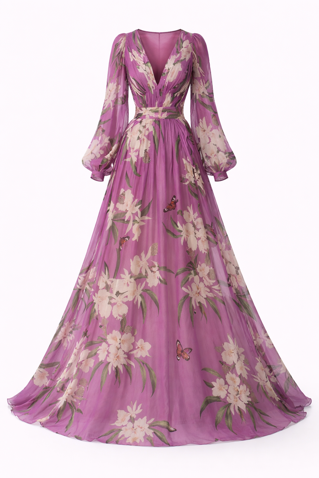 Cosima Lavelle | Purple Floral Chiffon Maxi Dress with Long Sleeves