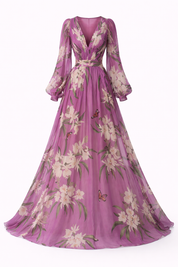 Cosima Lavelle | Purple Floral Chiffon Maxi Dress with Long Sleeves