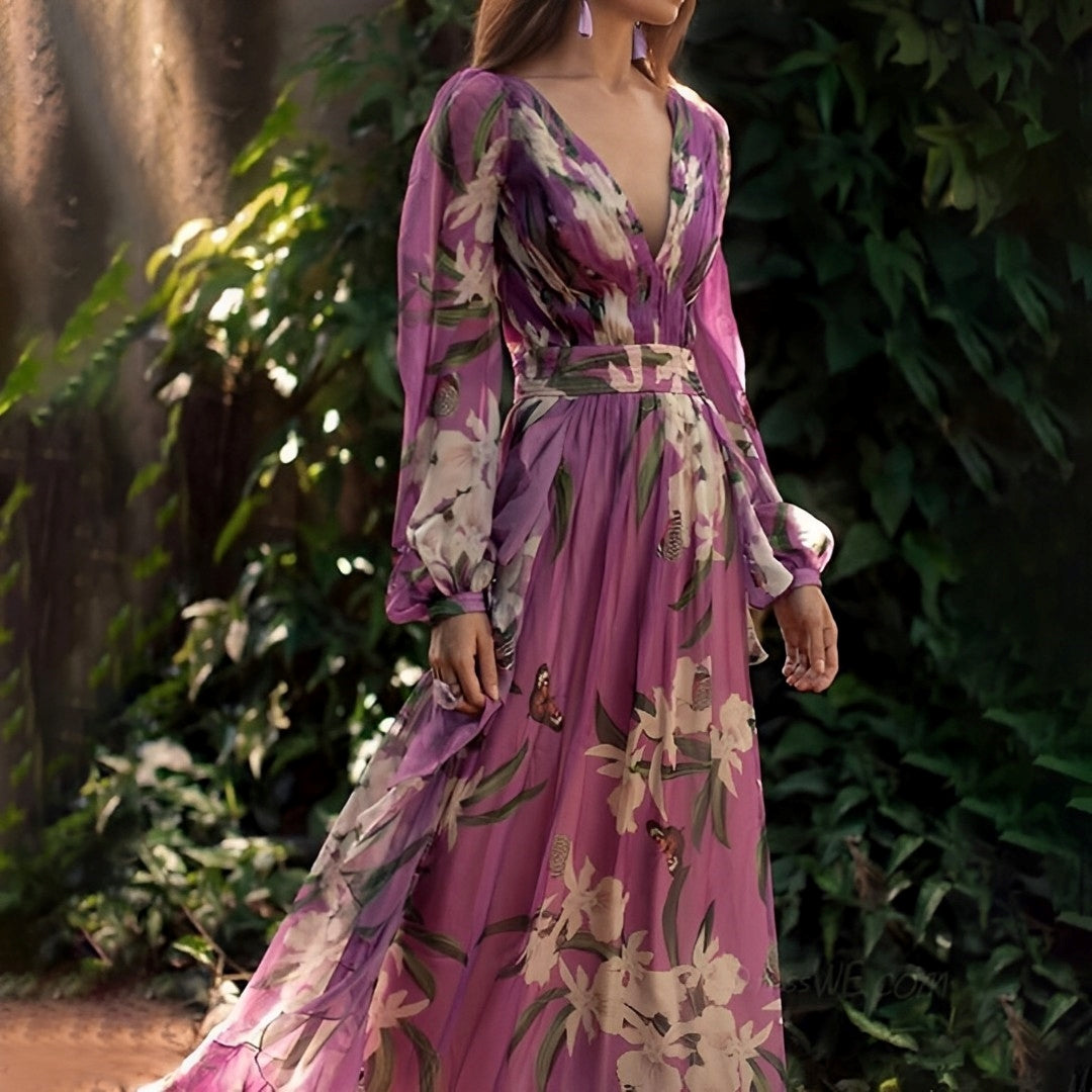 Cosima Lavelle | Purple Floral Chiffon Maxi Dress with Long Sleeves