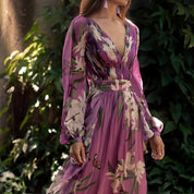 Cosima Lavelle | Purple Floral Chiffon Maxi Dress with Long Sleeves