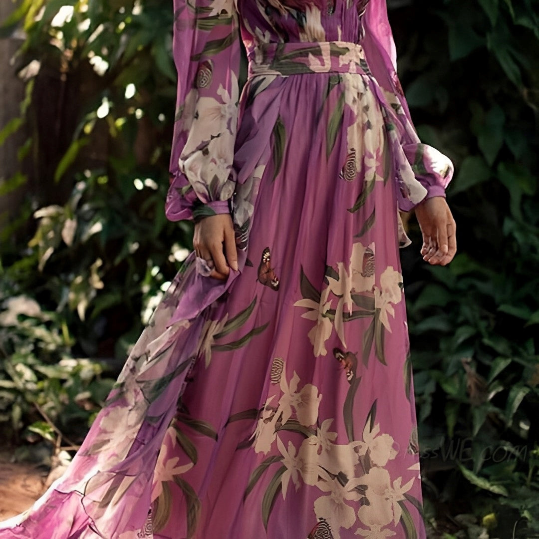 Cosima Lavelle | Purple Floral Chiffon Maxi Dress with Long Sleeves
