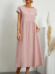 Cordelia Ashvale | White Pocketed Midi Dress with Round Neck