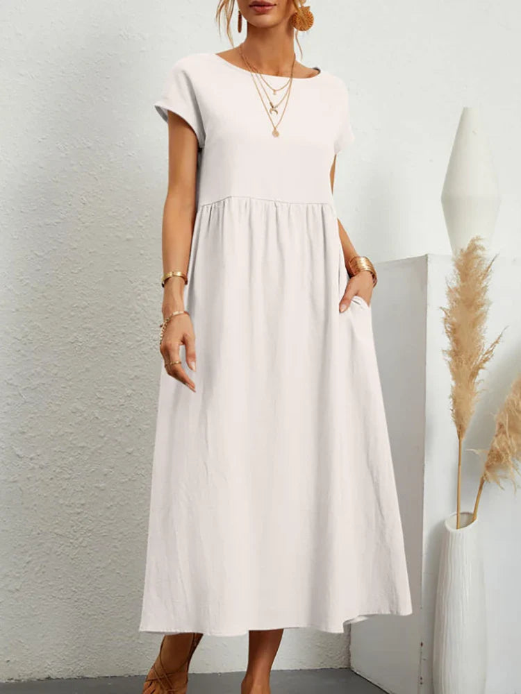 Cordelia Ashvale | White Pocketed Midi Dress with Round Neck