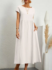 Cordelia Ashvale | White Pocketed Midi Dress with Round Neck