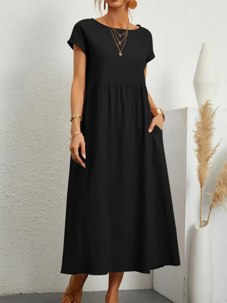 Cordelia Ashvale | White Pocketed Midi Dress with Round Neck